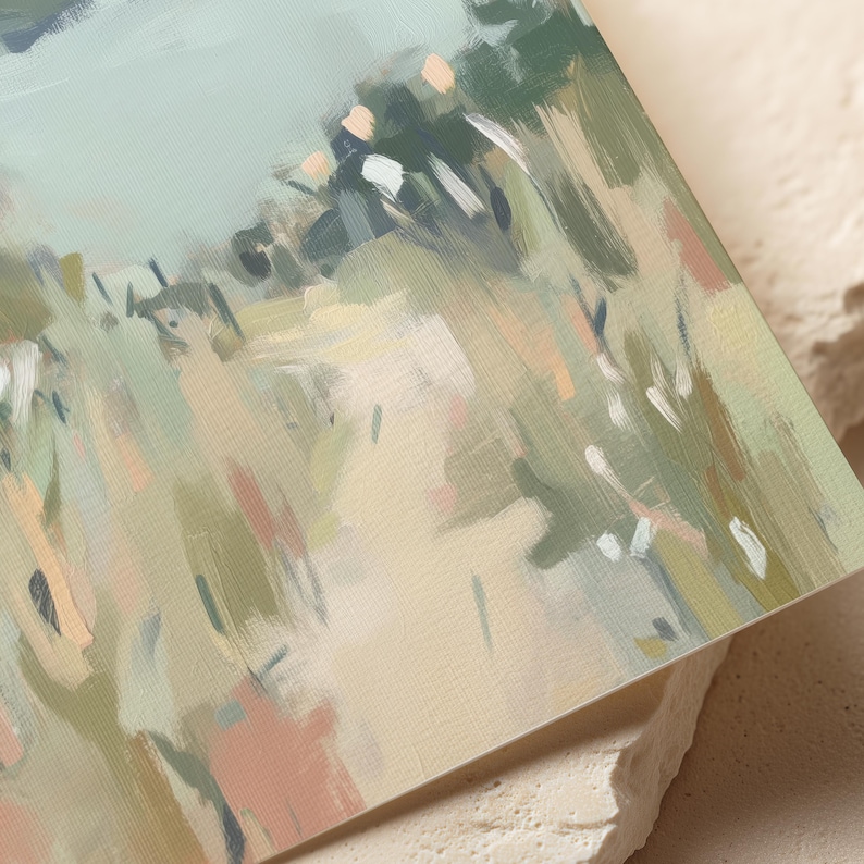 May include: Abstract landscape painting with a palette of soft greens, beige, and touches of pink and peach. The artwork features visible brushstrokes, creating a textured effect. The composition suggests a field or meadow scene, with a focus on natural elements.