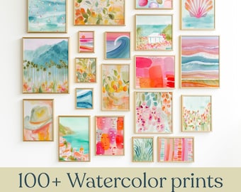 Beachy Art Watercolor Bundle Abstract Coastal Summer Prints Eclectic Colorful Decor Seaside Botanical Ocean Landscape Painting 100+ set