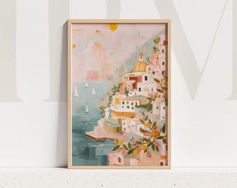 Amalfi Coast Art Print Italian Seaside Painting Coastal Landscape Illustration Mediterranean Decor