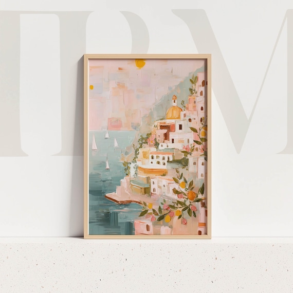 Amalfi Coast Art Print Italian Seaside Painting Coastal Landscape Illustration Mediterranean Decor