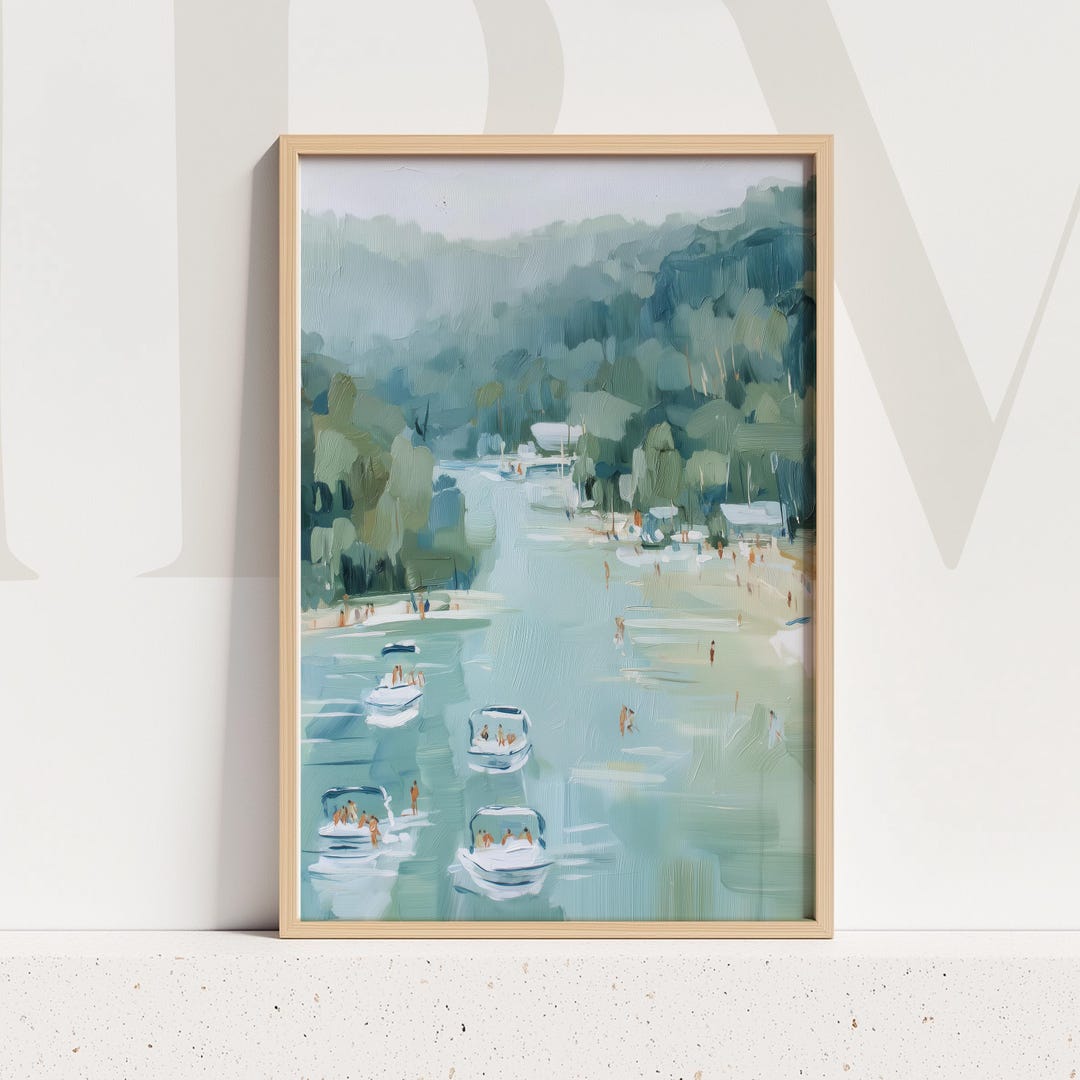 Lake River Landscape Painting Serene Summer Boat Day Cabin Wall Art ...