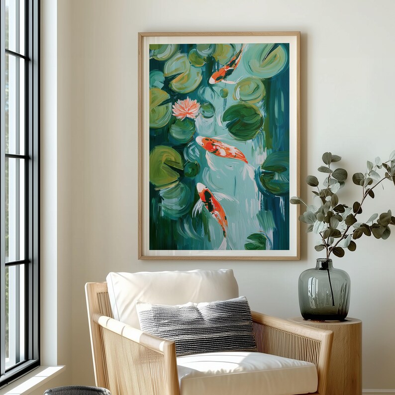 Koi Fish Lily Pond Wall Art Japanese Water Garden Painting Living Room ...