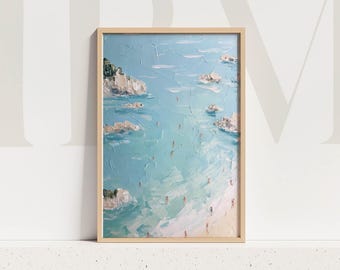 Impresión de pintura de bañistas en la playa: Arte costero turquesa (Descarga digital)