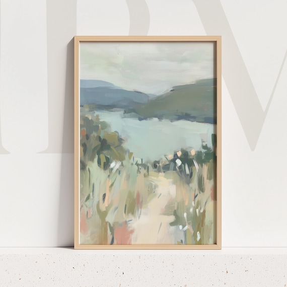 Soft Lakeside Path Landscape Painting Pastel Abstract Nature Artwork For Calm Interiors
