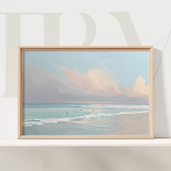 Soft Coastal Surfers Seascape Pastel Ocean Horizon Minimalist Wall Art Serene Light Airy