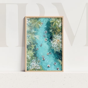 Peut inclure: Une impression d'art encadrée représentant une scène de rivière turquoise avec des personnes nageant. L'œuvre présente un feuillage vert luxuriant et des fleurs blanches le long des berges. Le cadre est de couleur bois clair, de style impressionniste.