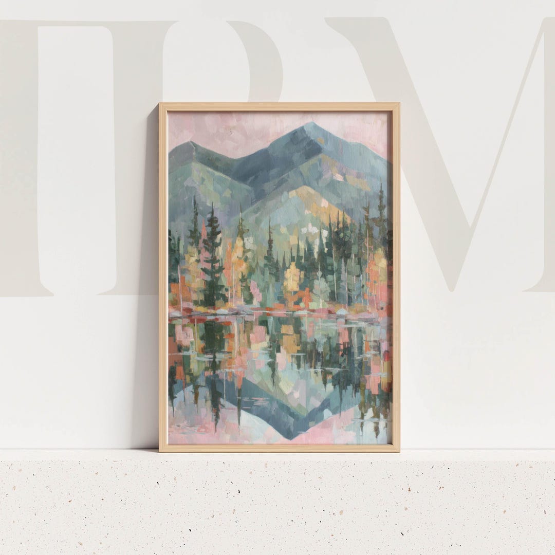 Pastel Mountain Landscape Wall Art Lake Pine Tree Autumn Forest ...
