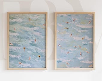 Coastal Aerial Swimmers Art Print Set Soft Blue Surfers Paintings Summer Beach Decor