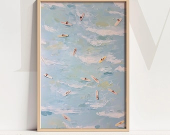 Impresión artística de surfistas aéreos: vista abstracta del océano azul claro con minitablas de surf