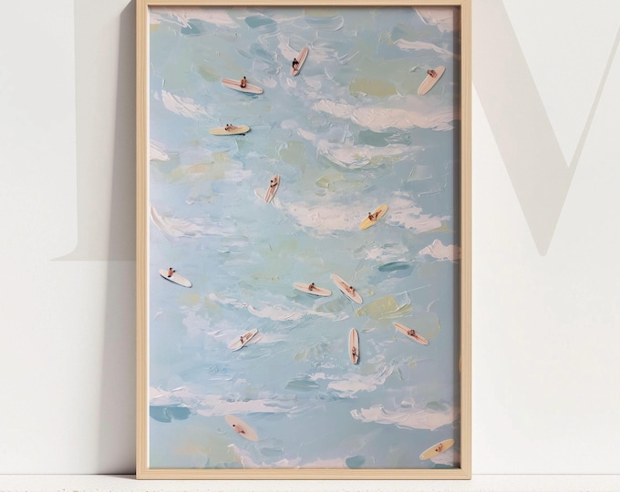 Aerial Surfers Art Print: Abstract Coastal Light Blue Ocean View With Mini Surfboards