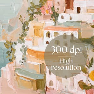 K&ouml;nnte beinhalten: Abstrakte Malerei einer K&uuml;stenstadt mit wei&szlig;en Geb&auml;uden, orangefarbenen D&auml;chern und &uuml;ppigem Gr&uuml;n. Das Kunstwerk weist einen strukturierten, impressionistischen Stil mit einer Palette aus sanften Pastellt&ouml;nen und warmen Erdt&ouml;nen auf. Der Text "300 dpi Hohe Aufl&ouml;sung" ist enthalten.