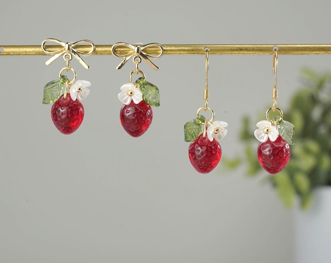Mini Strawberry Dangle Earrings| 14K Gold/925 Silver Plated Earrings