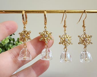 Snowflake Dangle Earrings: Crystal Bell, 14K Gold Plated