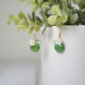 Sour Apple Dangle Earrings: Green Glass Fruit with Gold Hooks