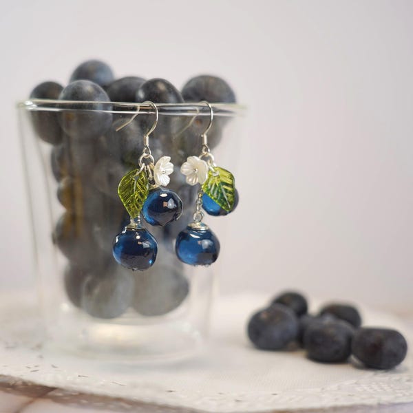 Blueberry Fruit Earrings | Handmade Resin Wildberry Cluster Dangle Earrings | 925 Silver Jewelry Gift for Women Girl