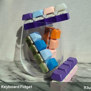 Peut inclure: Une collection de jouets fidget clavier multicolores avec des rangées d'interrupteurs mécaniques et de touches dans des tons de violet, bleu, orange et blanc. Certains sont dans un verre transparent, d'autres à l'extérieur. Texte Keyboard Fidget et ItJustClicks3D.