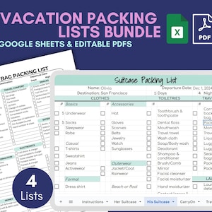 May include: A digital vacation packing lists bundle with Google Sheets and editable PDFs. Includes a carry-on bag packing list and a suitcase packing list. The lists are organized with sections for clothes, accessories, and toiletries.