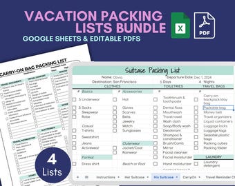 May include: A digital vacation packing lists bundle with Google Sheets and editable PDFs. Includes a carry-on bag packing list and a suitcase packing list. The lists are organized with sections for clothes, accessories, and toiletries.