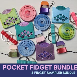 May include: A selection of brightly coloured fidget toys, including circular and rectangular shapes, keyrings, and small, capped cylinders. The items are in various colours such as pink, blue, green, and purple. The text "POCKET FIDGET BUNDLE" and "4 FIDGET SAMPLER BUNDLE" is displayed.