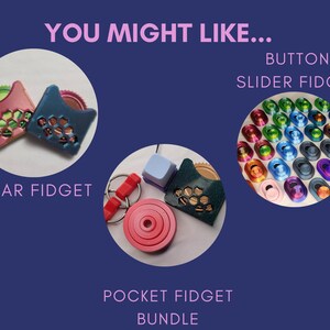 May include: A collection of fidget toys, including a gear fidget, a button slider fidget, and a pocket fidget bundle. The gear fidget is a small, colorful gear that can be spun around. The button slider fidget is a small, colorful button that can be slid back and forth. The pocket fidget bundle is a set of small, colorful fidget toys that can be used to relieve stress and anxiety.