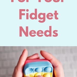 May include: A variety of colorful fidget toys, including a pop-it, a cube puzzle, and a chain link toy. The text "For Your Fidget Needs" is displayed on a light blue background. A person's hands are shown holding a multi-colored pop-it toy. A cartoon illustration of a person with steam coming out of their ears and a hand squeezing a red stress ball.