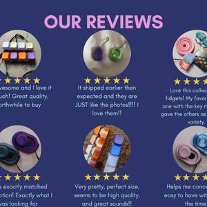 May include: A collage of customer reviews for fidget toys. The reviews are positive and include comments about the quality, shipping speed, and variety of the fidgets. The image also shows close-ups of different fidget toys, including a set of colorful cubes, a set of colorful rings, a set of colorful buttons, and a set of colorful spinners.