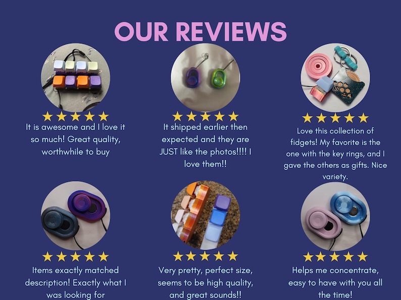 May include: A collage of customer reviews for fidget toys. The reviews are positive and include comments about the quality, shipping speed, and variety of the fidgets. The image also shows close-ups of different fidget toys, including a set of colorful cubes, a set of colorful rings, a set of colorful buttons, and a set of colorful spinners.