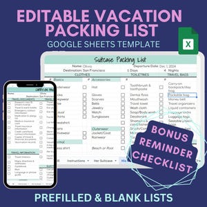 May include: A Google Sheets template for a vacation packing list. The template is divided into three sections: Clothes, Toiletries, and Travel Bags. Each section has a list of items to pack, with checkboxes next to each item. The template also includes a bonus reminder checklist.