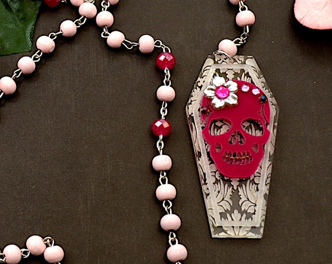 Skull and Coffin Rosary Pink Rosary Etsy