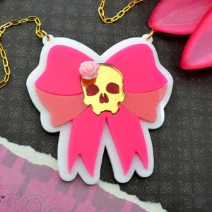 SKULL BOW NECKLACE In Pink Laser Cut Acrylic