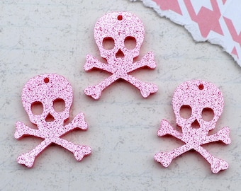 3 SKULL CHARMS Pink Glitter Laser Cut Acrylic