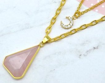 Rose Quartz Celestial Layered Necklace - 2 Piece Layering Necklace