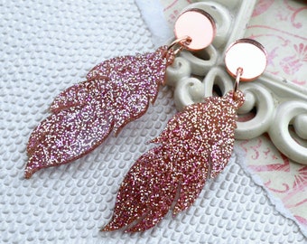 Rose Gold Glitter Feather Post Top Laser Cut Acrylic Earrings