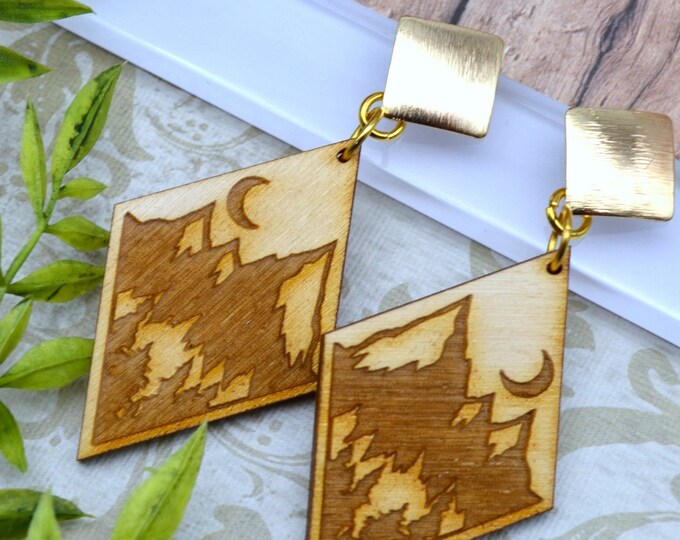 Take Me to the Mountains Dangles in Wood- Laser Cut Acrylic Dangle Earrings