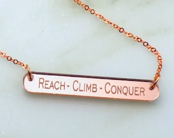 REACH CLIMB CONQUER - Laser Cut Acrylic - Rose Gold Mirrored Necklace