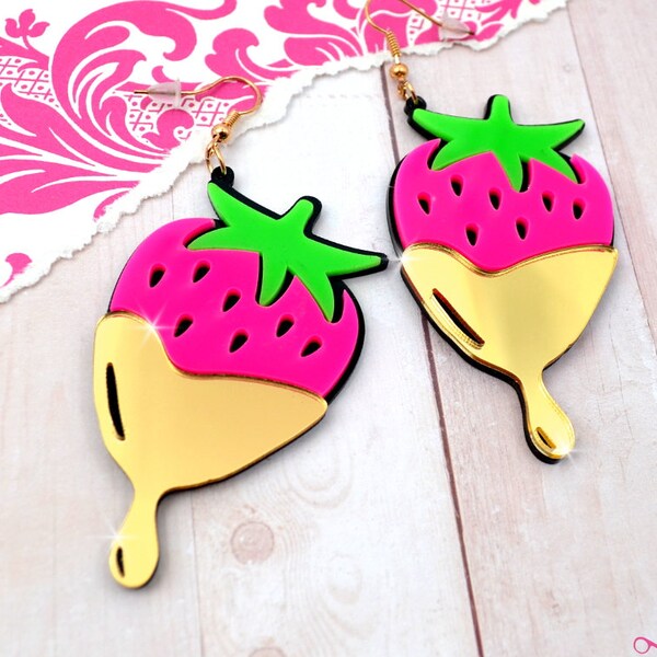 DRIPPING IN GOLD - Laser Cut Acrylic Strawberry Charm Earrings