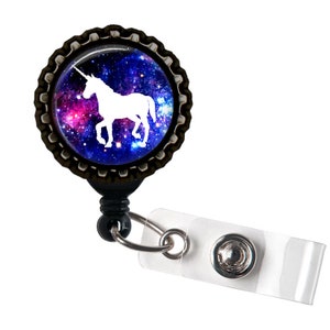 Suporte para identificação de carretel de crachá retrátil de resina preta Galaxy Unicorn
