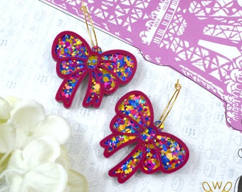 Party Bow Hoops in Pink Confetti - Laser Cut Acrylic Earrings