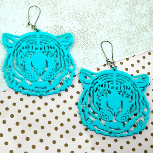 Grote TURQUOISE TIGER OORBELLEN - Laser gesneden acryl