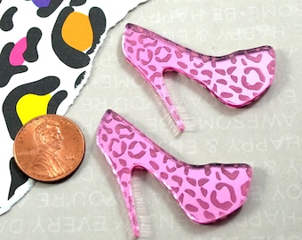 PINK LEOPARD HEELS 2 Flat Back Animal Print Cabs in Laser Cut Acrylic