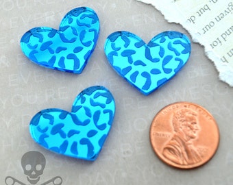 GRANDE CUORE LEOPARDATO Cabs Set di 3 cabochon a specchio blu in acrilico tagliato al laser