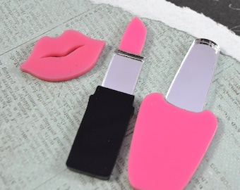 BUBBLEGUM BABE Cab Lot  Pink and Black Laser Cut Acrylic Nail Polish and Lipstick Cabochon Set
