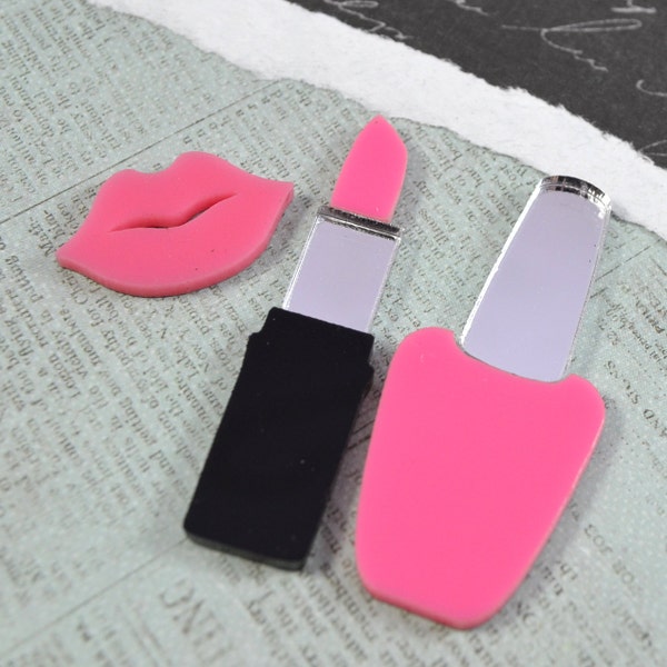 BUBBLEGUM BABE Cab Lot  Pink and Black Laser Cut Acrylic Nail Polish and Lipstick Cabochon Set