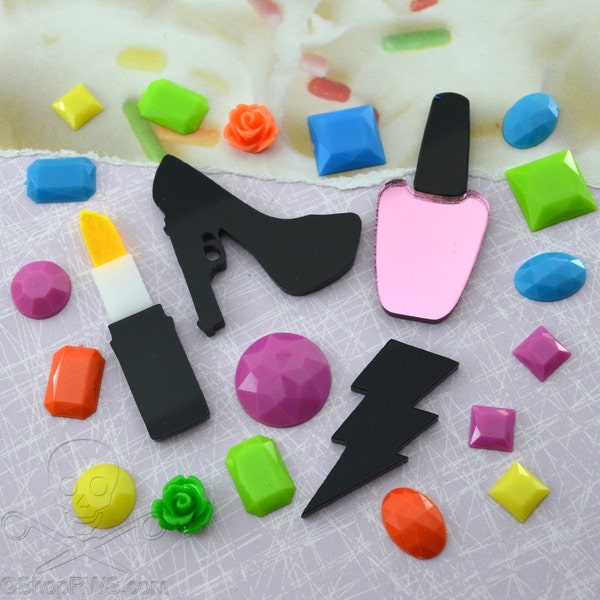 DANGEROUSLY SWEET 25 Piece Cab Lot Nail Polish Lipstick Trigger Heel Rhinestones Roses Cabochons