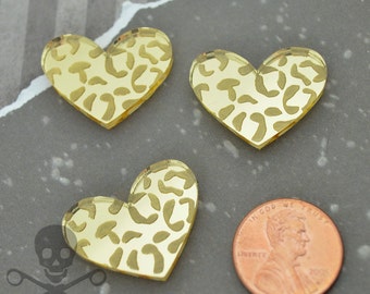 GRANDE CUORE LEOPARDATO Cabs Set di 3 cabochon dorati in acrilico tagliato al laser