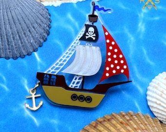 Stormy Seas Pirate Ship Laser Cut Acrylic Brooch