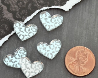 CABS CUORE LEOPARDO Set di 5 cabochon in argento in acrilico tagliato al laser
