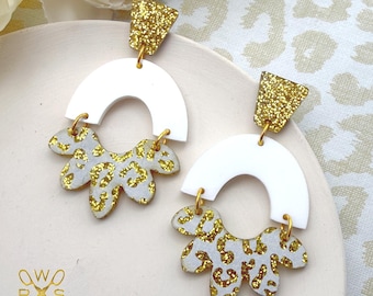 Happy Bloom Dangles in White and Gold Leopard