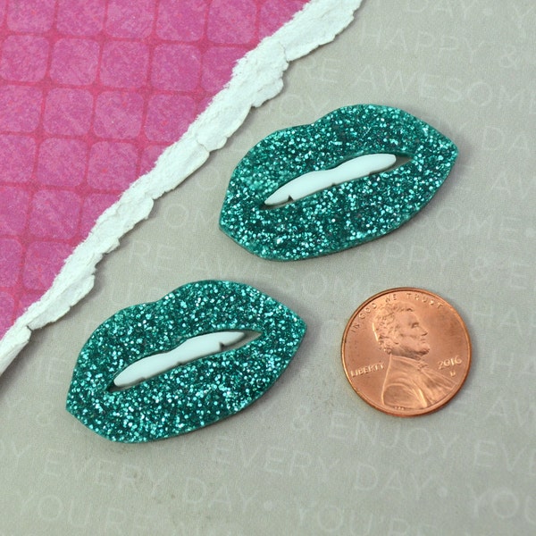 BLUE GLITTER LIPS - White Teeth - 1 Pair - Cabochons - Laser Cut Acrylic