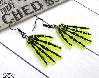 Creepshow Neon Yellow Skeleton Hand Earrings - Laser Cut Acrylic